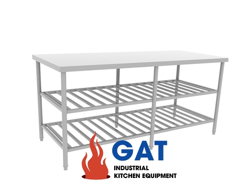 BÀN INOX CÓ 02 KỆ DƯỚI SONG BKG2S-1800